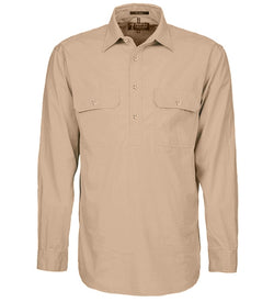 AIR RIFLE - SSAA - PILBARA CLOSED FRONT L/S SHIRT - CLAY - RM200CF              WITH EMBROIDERY ON BACK